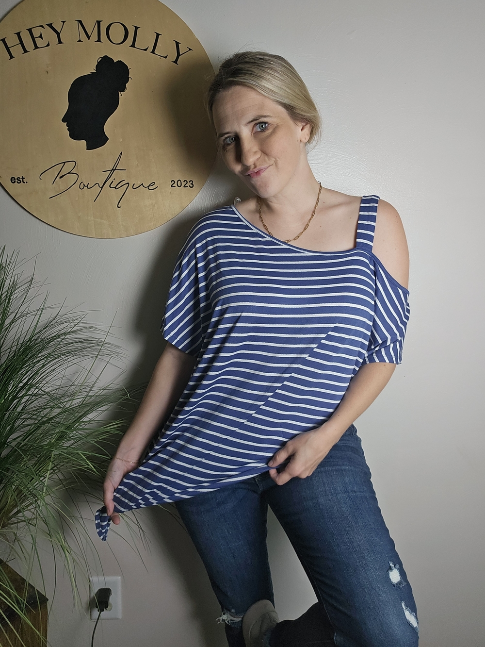 Striped Blue Cold-Shoulder Women's Blouse